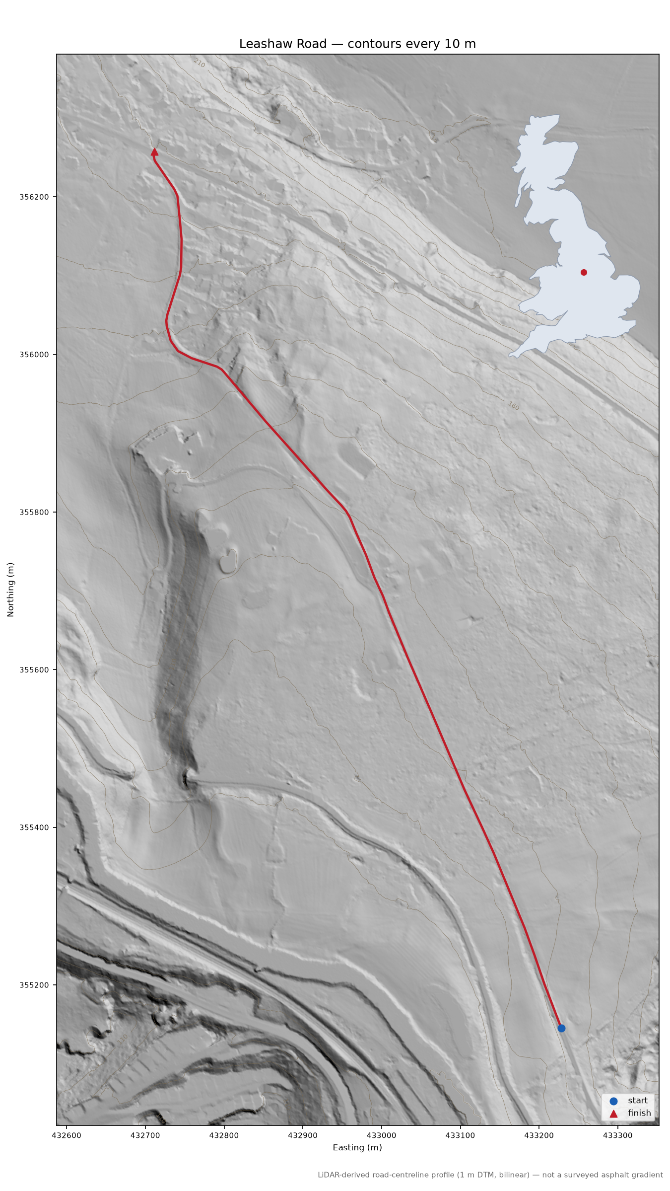 Leashaw Road LiDAR hillshade map with contours