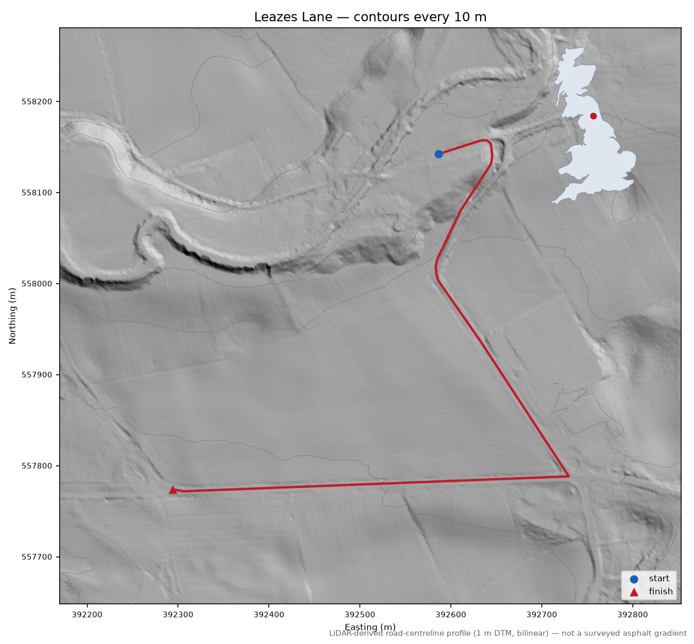 Leazes Lane LiDAR hillshade map with contours