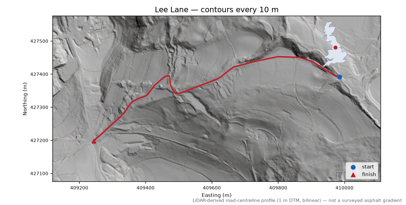 Lee Lane LiDAR hillshade map with contours