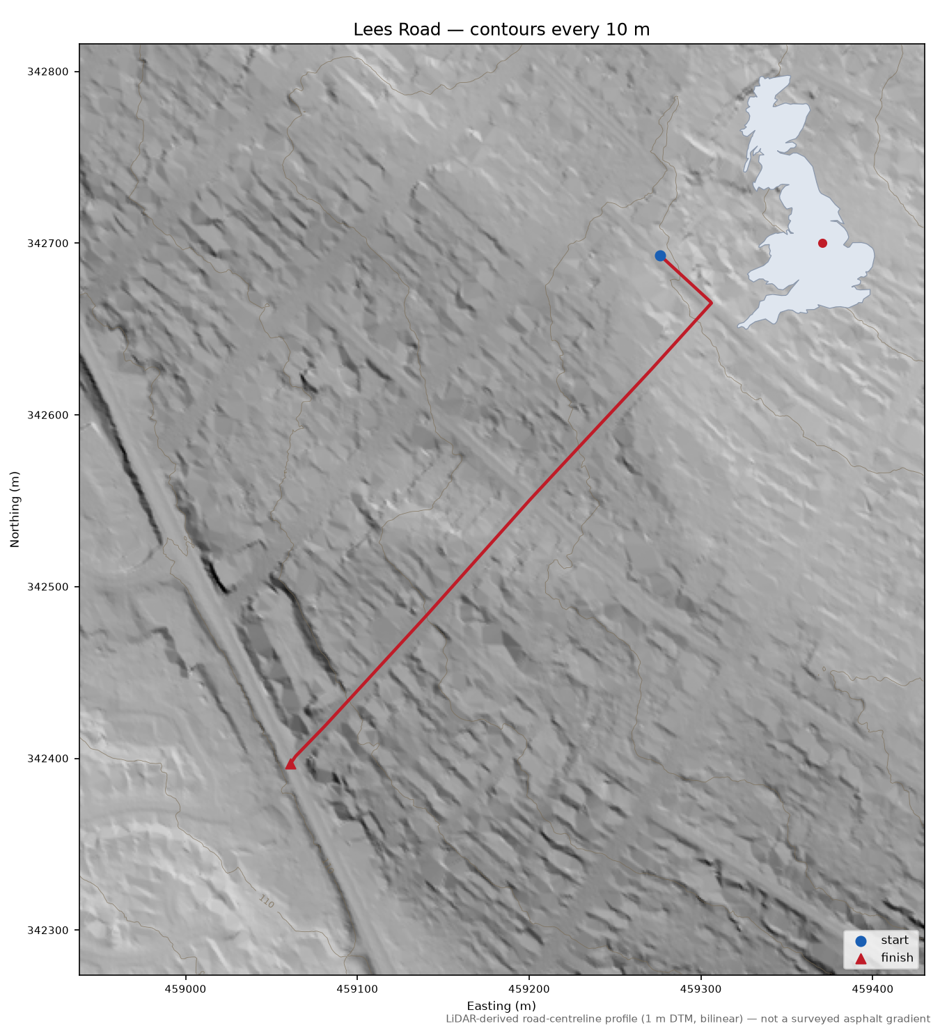 Lees Road LiDAR hillshade map with contours