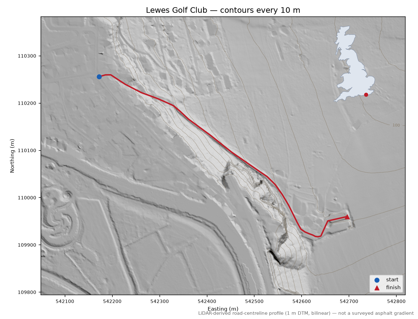 Lewes Golf Club LiDAR hillshade map with contours