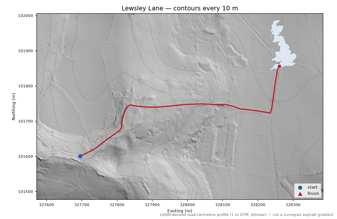 Lewsley Lane LiDAR hillshade map with contours