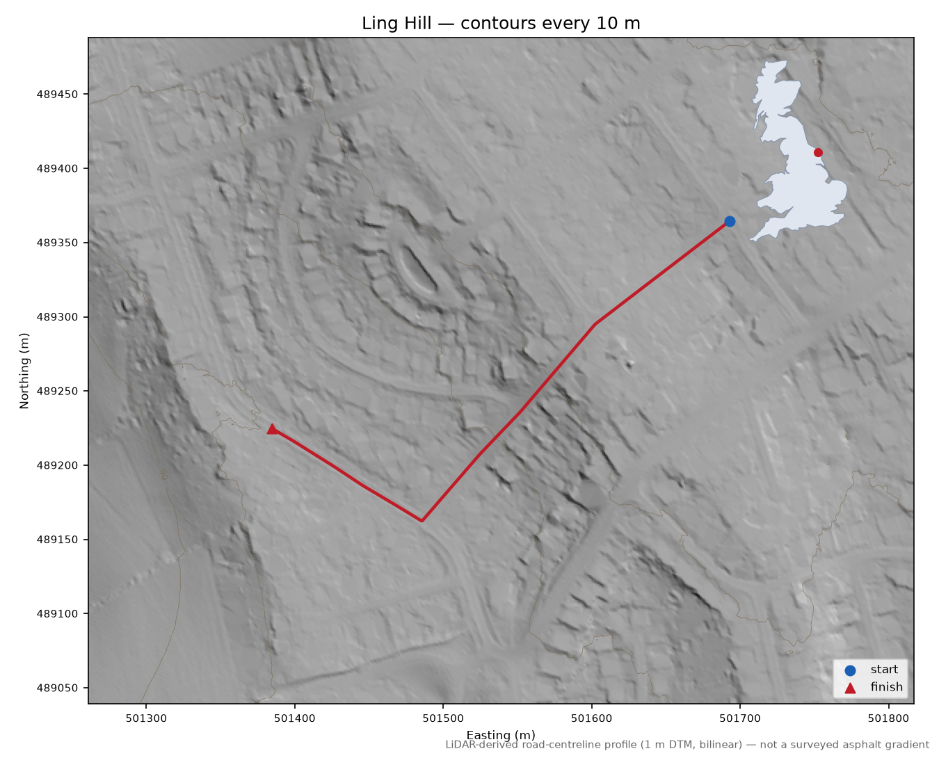 Ling Hill LiDAR hillshade map with contours