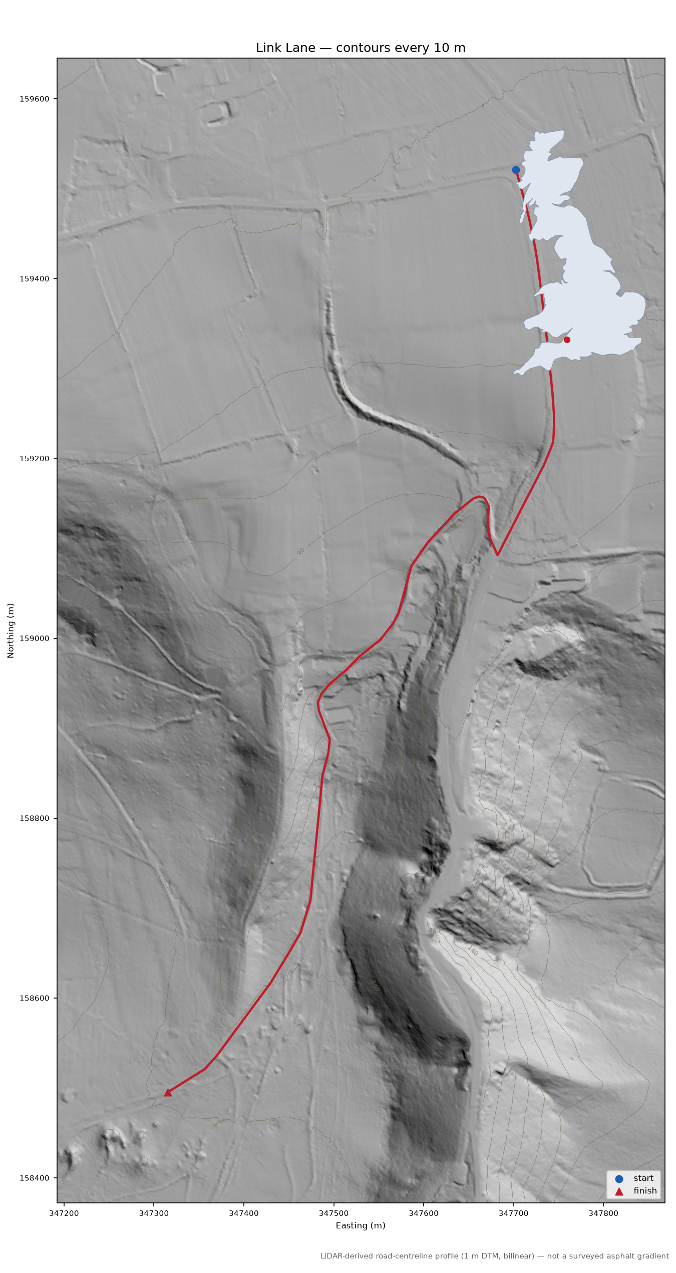 Link Lane LiDAR hillshade map with contours