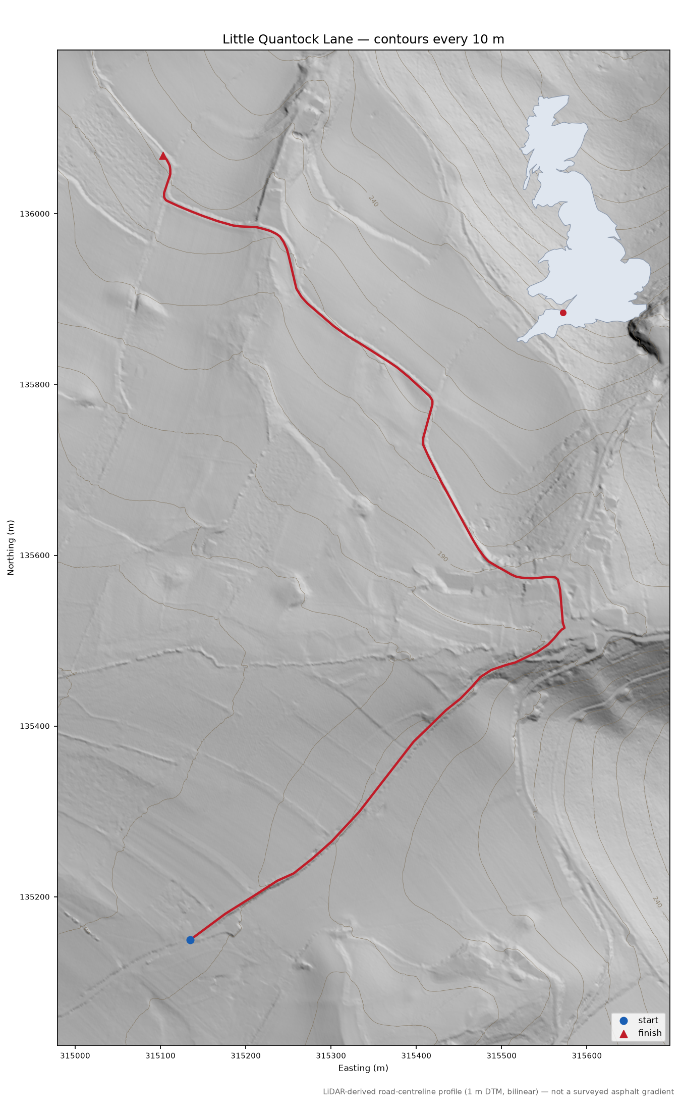 Little Quantock Lane LiDAR hillshade map with contours