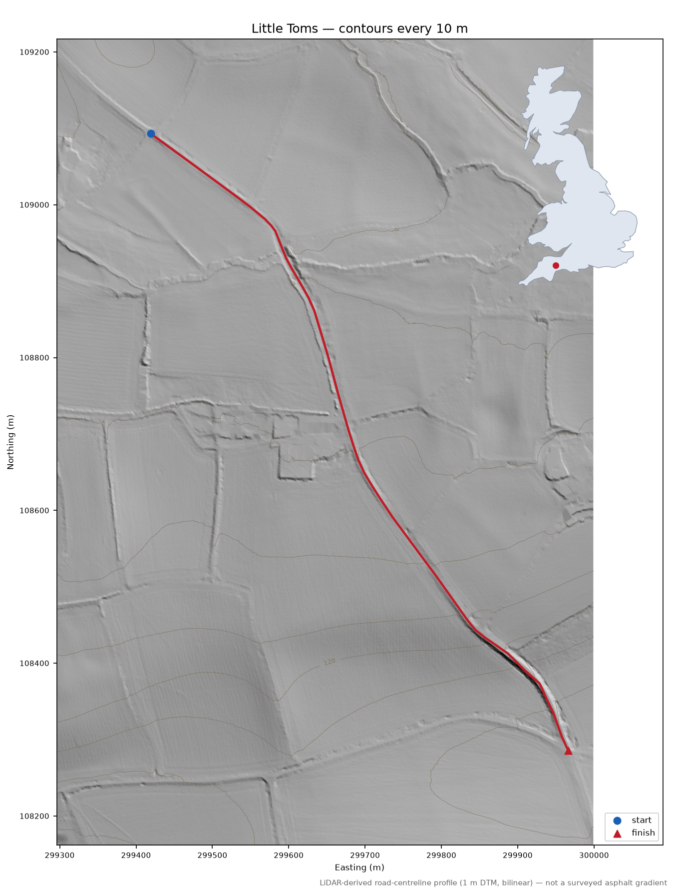 Little Toms LiDAR hillshade map with contours