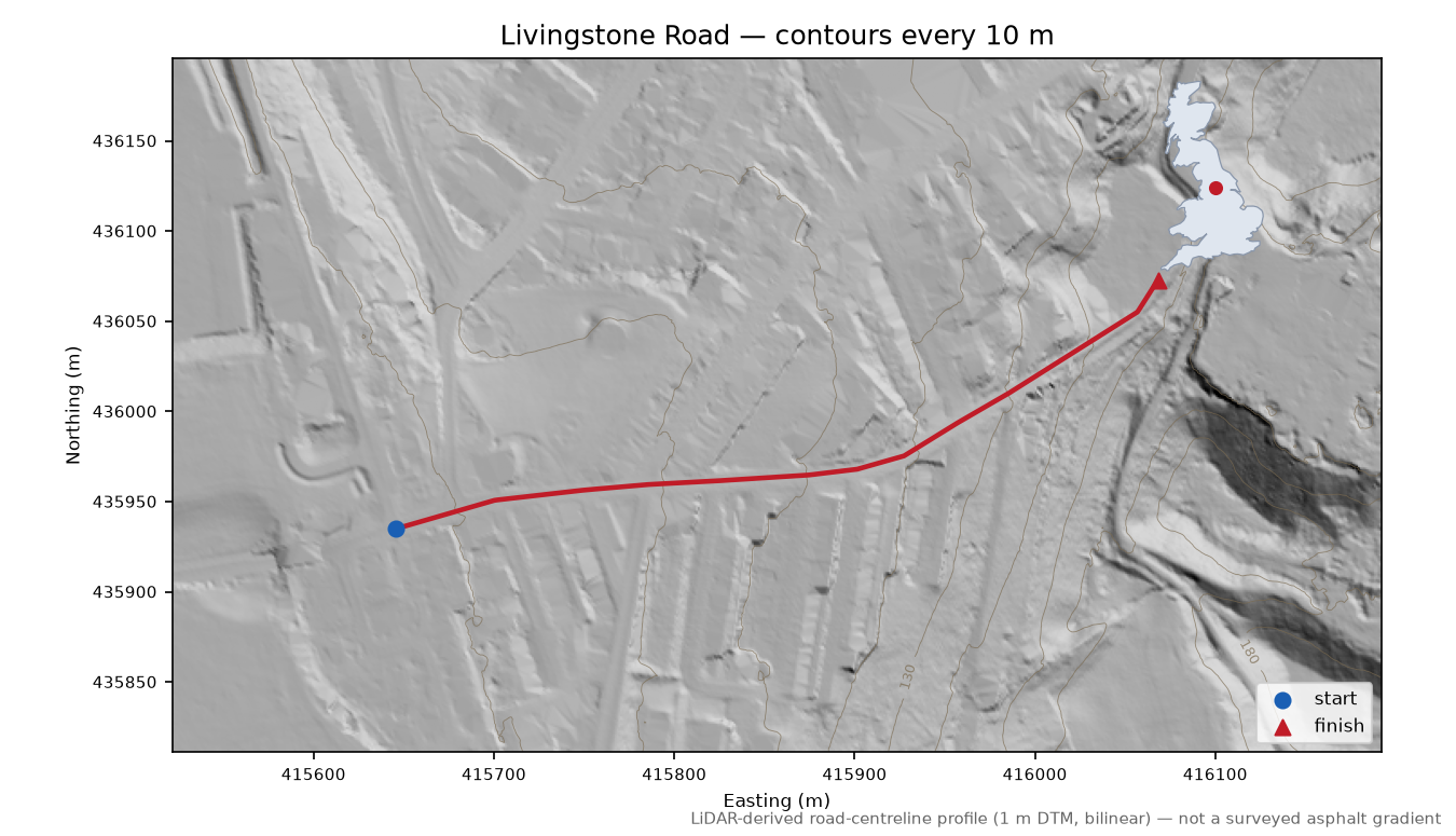 Livingstone Road LiDAR hillshade map with contours
