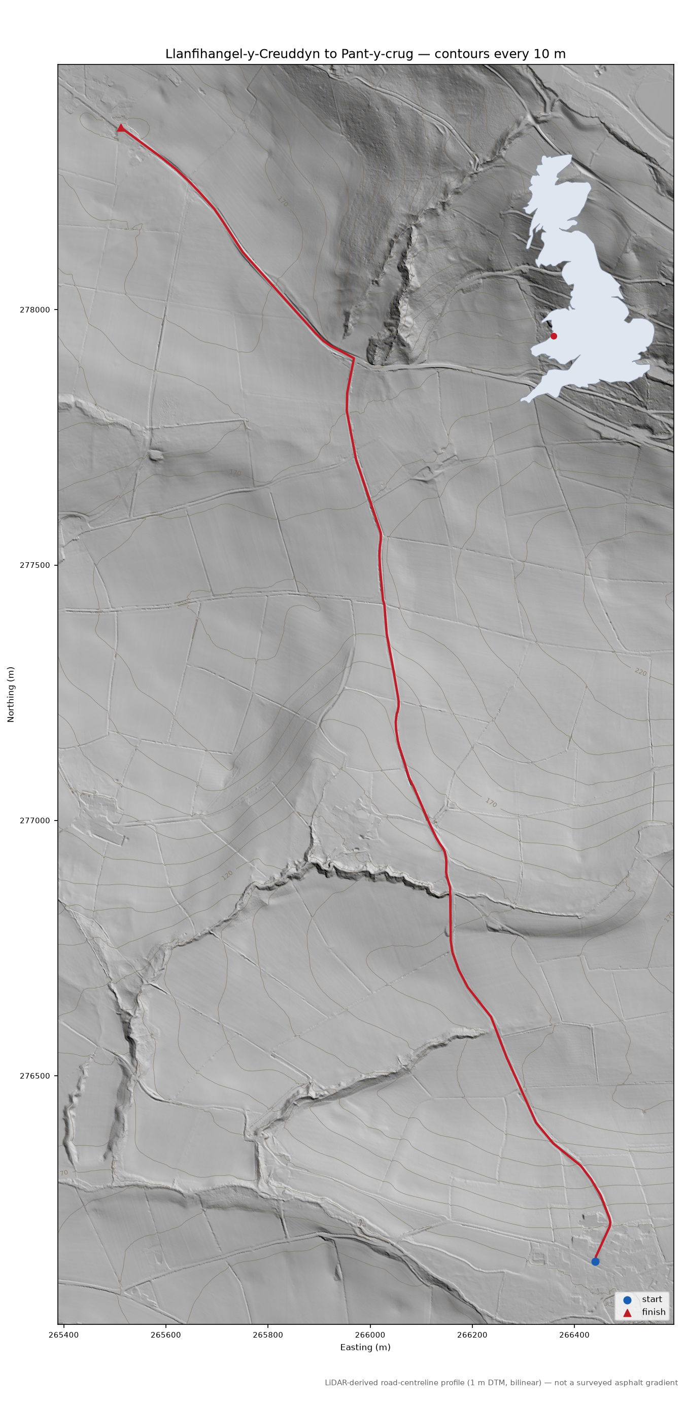 Llanfihangel-y-Creuddyn to Pant-y-crug LiDAR hillshade map with contours
