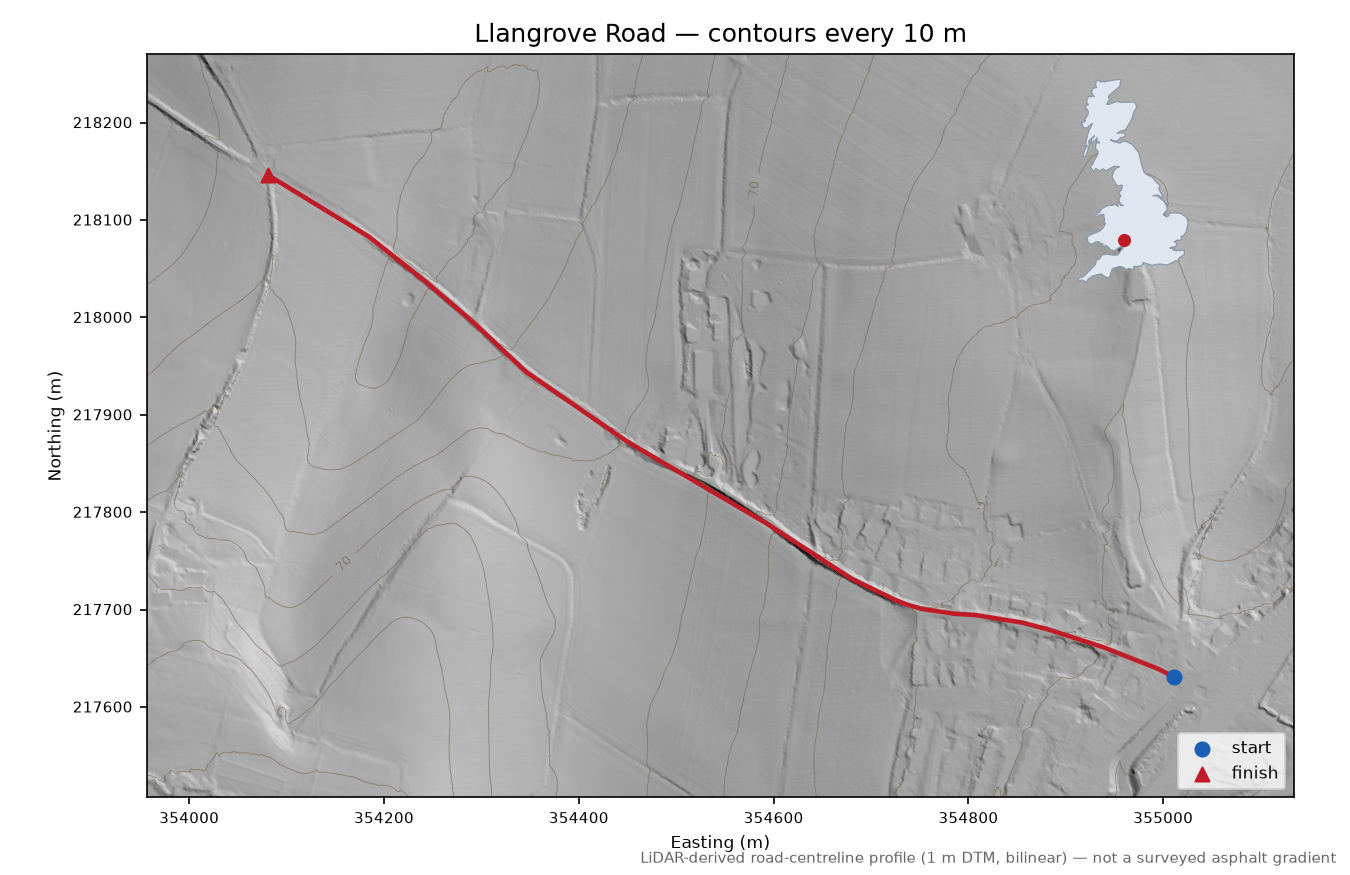 Llangrove Road LiDAR hillshade map with contours