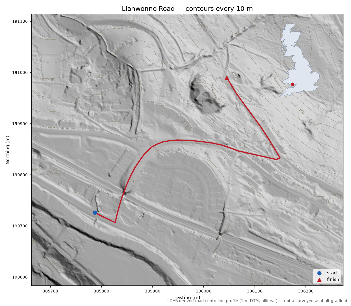 Llanwonno Road LiDAR hillshade map with contours