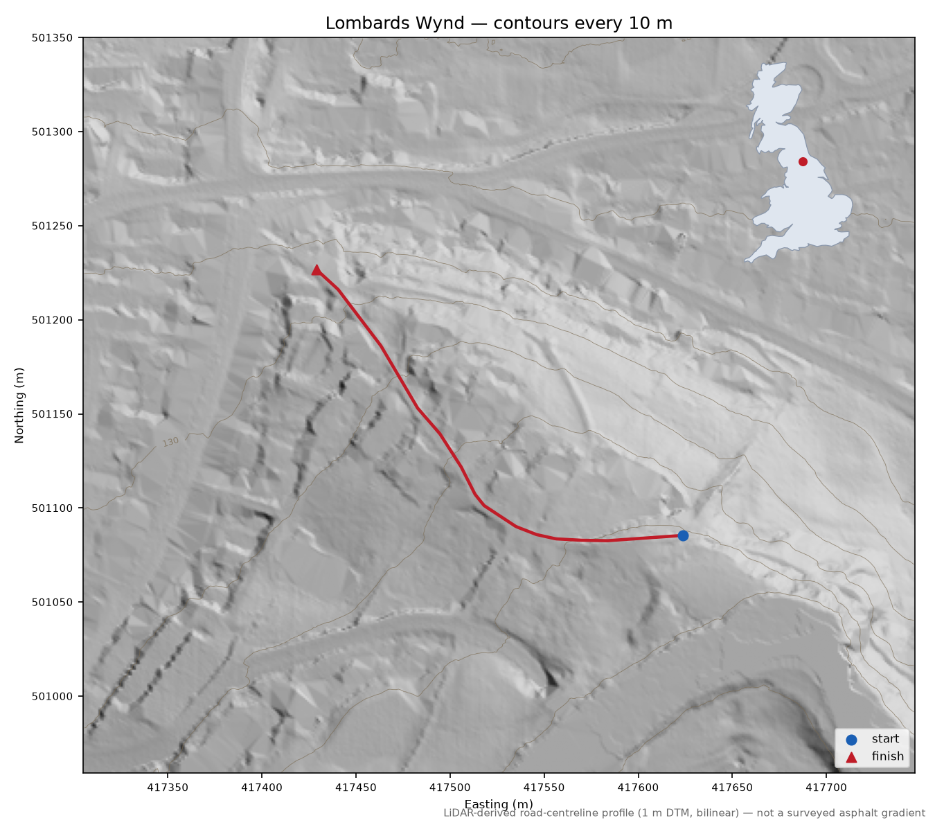 Lombards Wynd LiDAR hillshade map with contours