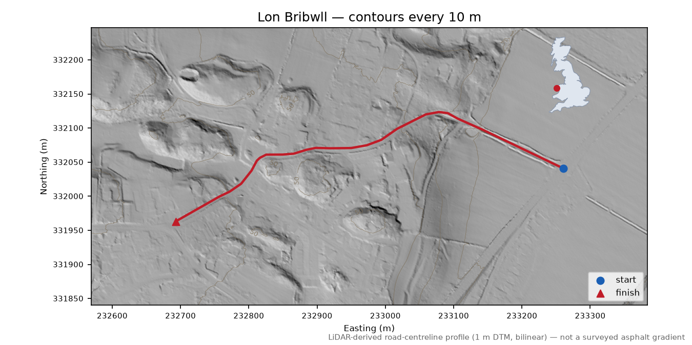 Lon Bribwll LiDAR hillshade map with contours
