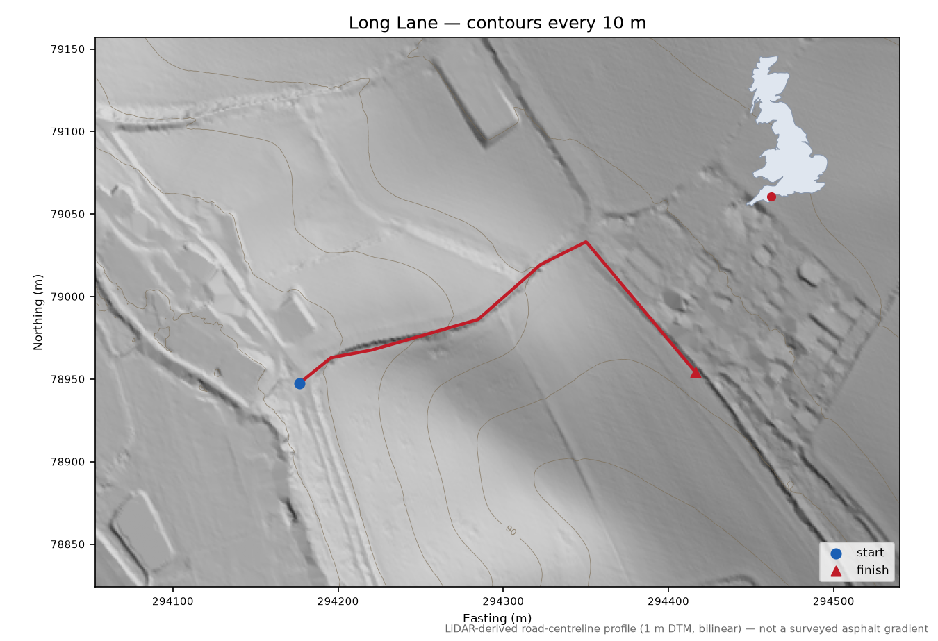 Long Lane LiDAR hillshade map with contours