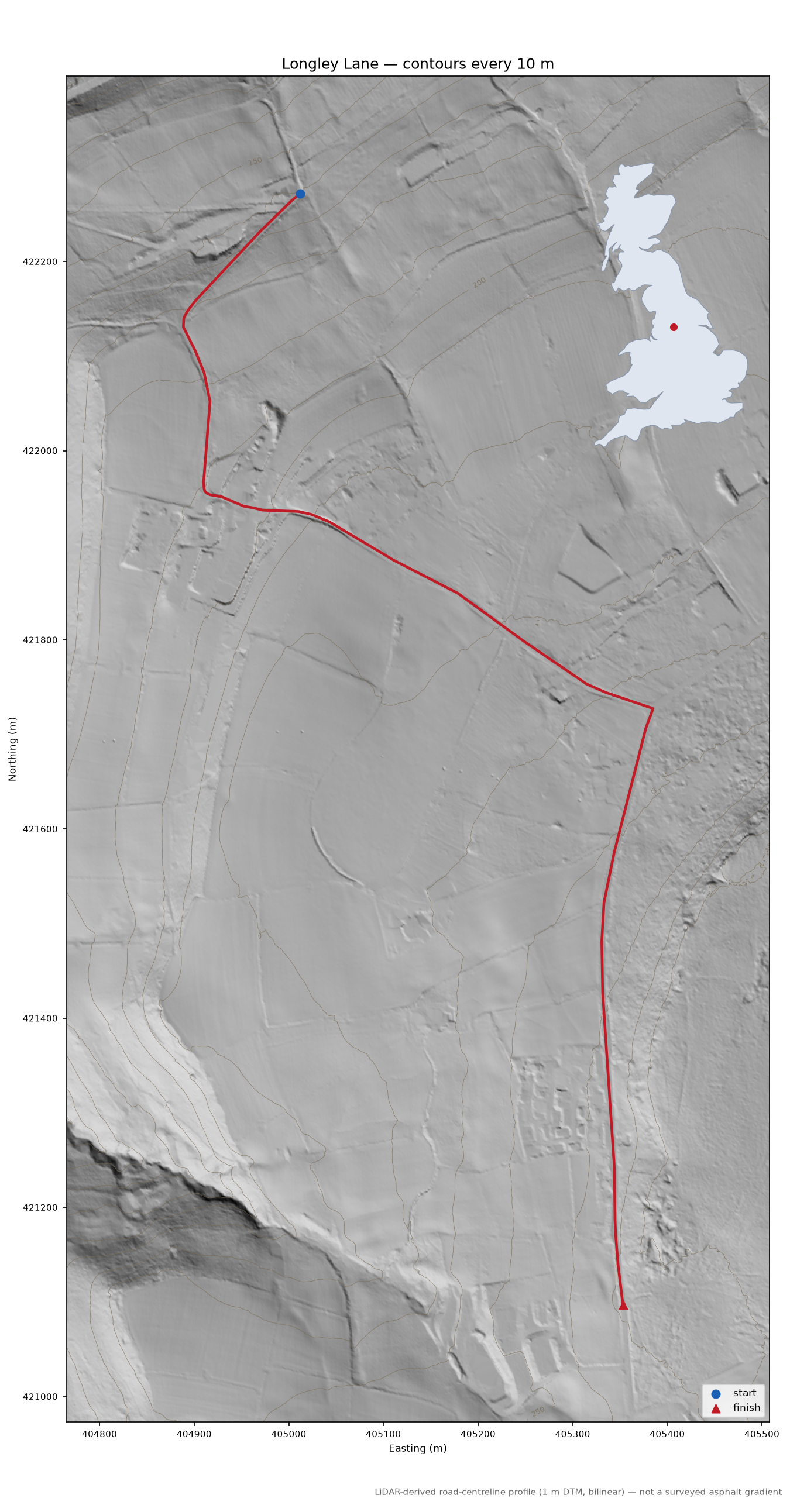 Longley Lane LiDAR hillshade map with contours