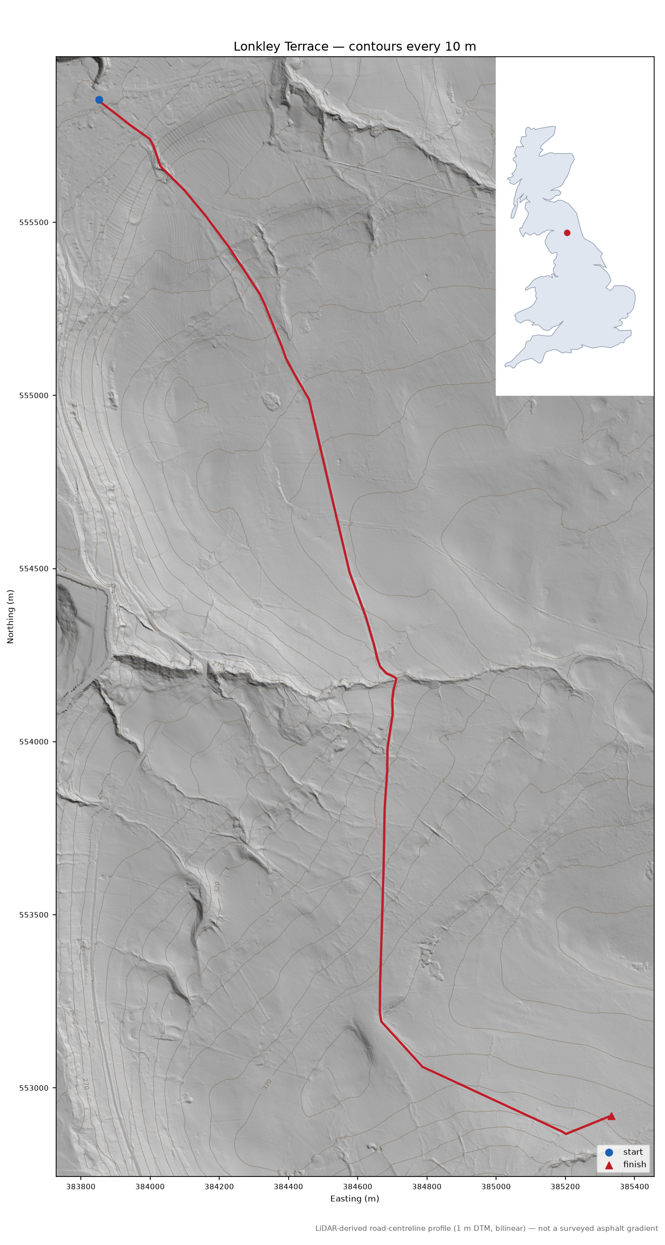 Lonkley Terrace LiDAR hillshade map with contours