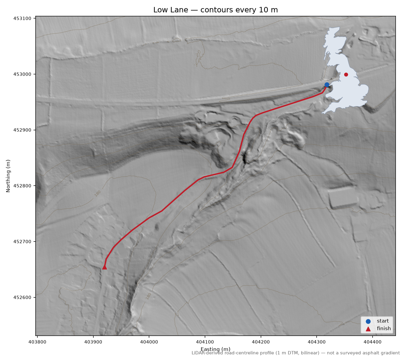 Low Lane LiDAR hillshade map with contours