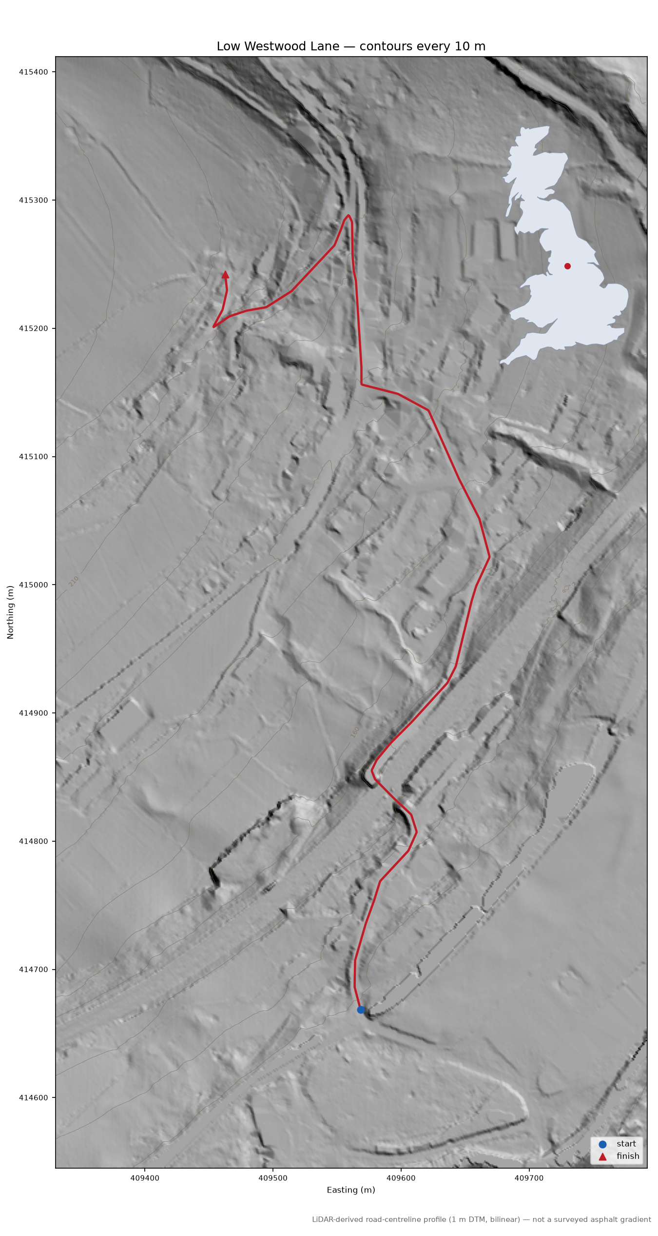 Low Westwood Lane LiDAR hillshade map with contours