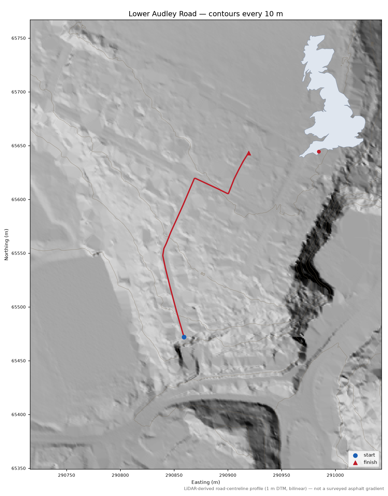 Lower Audley Road LiDAR hillshade map with contours