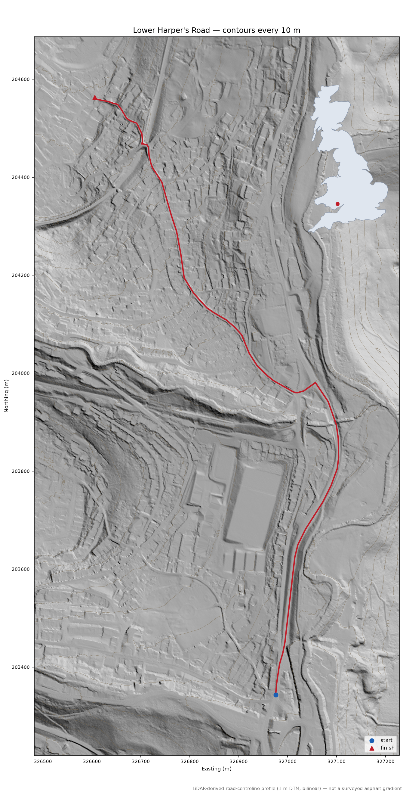Lower Harper's Road LiDAR hillshade map with contours