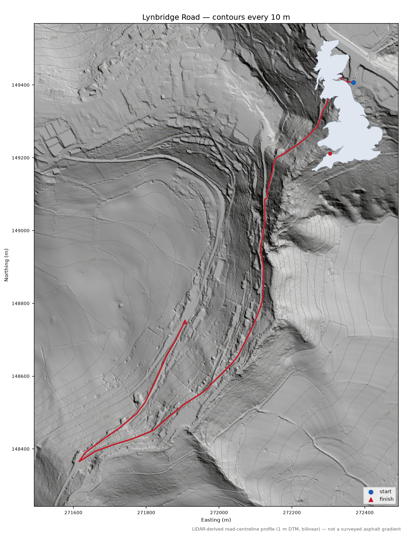 Lynbridge Road LiDAR hillshade map with contours