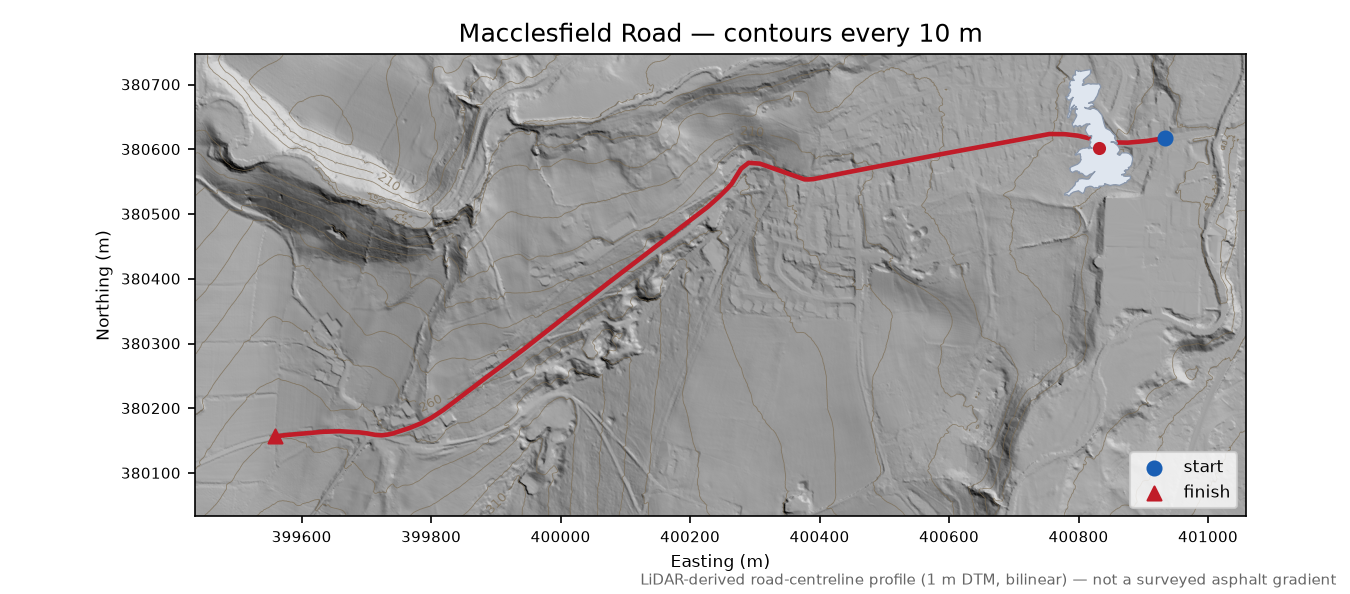 Macclesfield Road LiDAR hillshade map with contours