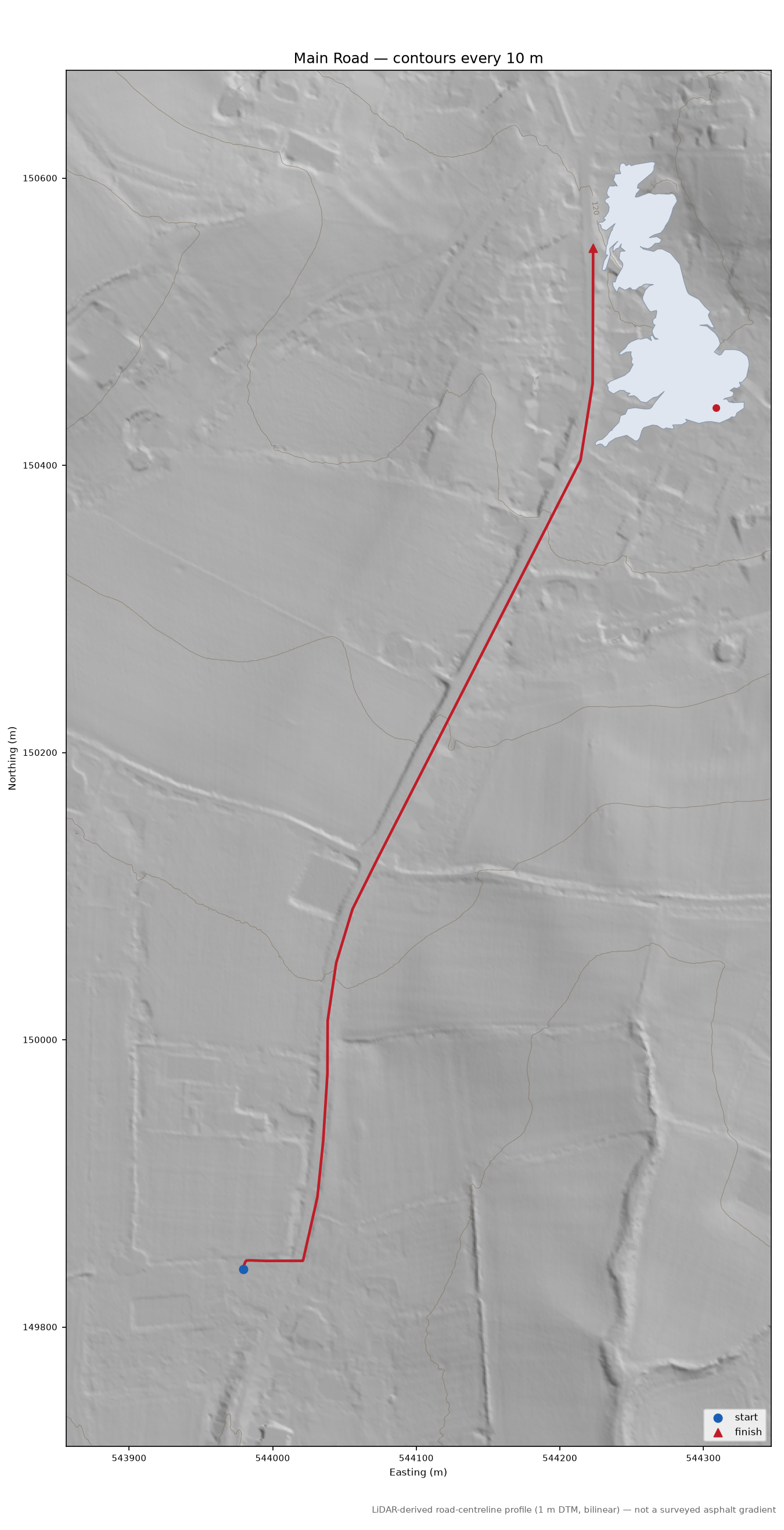 Main Road LiDAR hillshade map with contours
