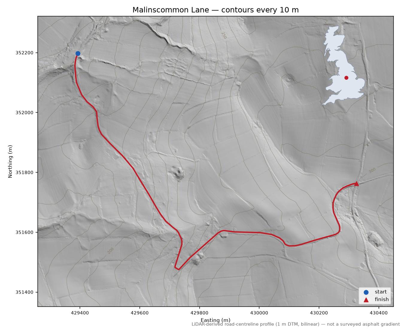 Malinscommon Lane LiDAR hillshade map with contours