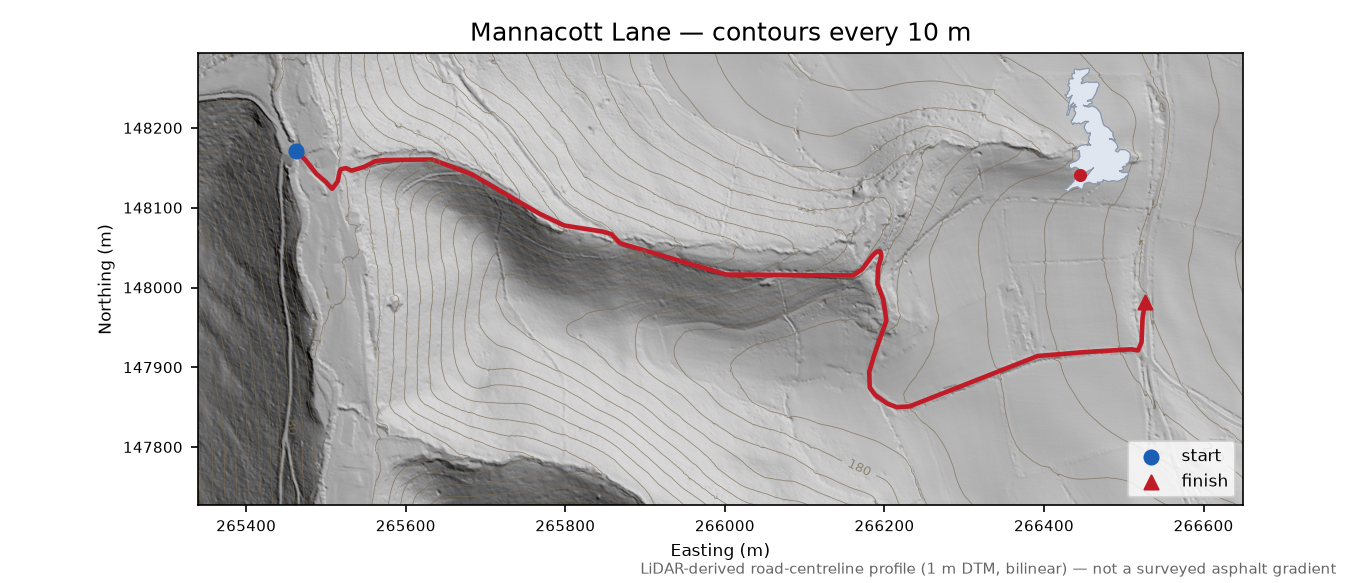 Mannacott Lane LiDAR hillshade map with contours