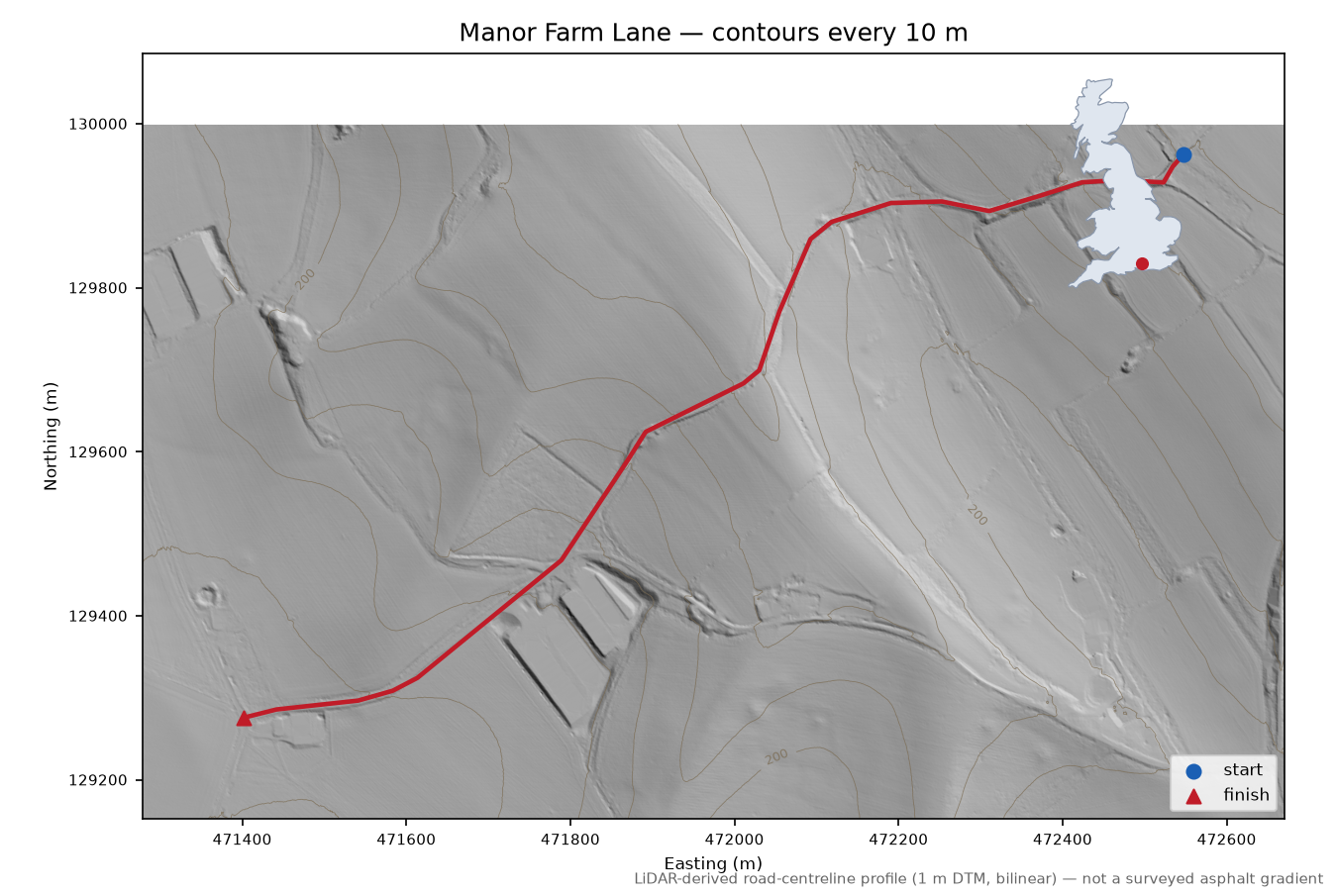 Manor Farm Lane LiDAR hillshade map with contours