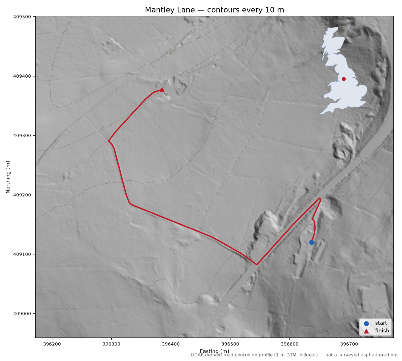 Mantley Lane LiDAR hillshade map with contours