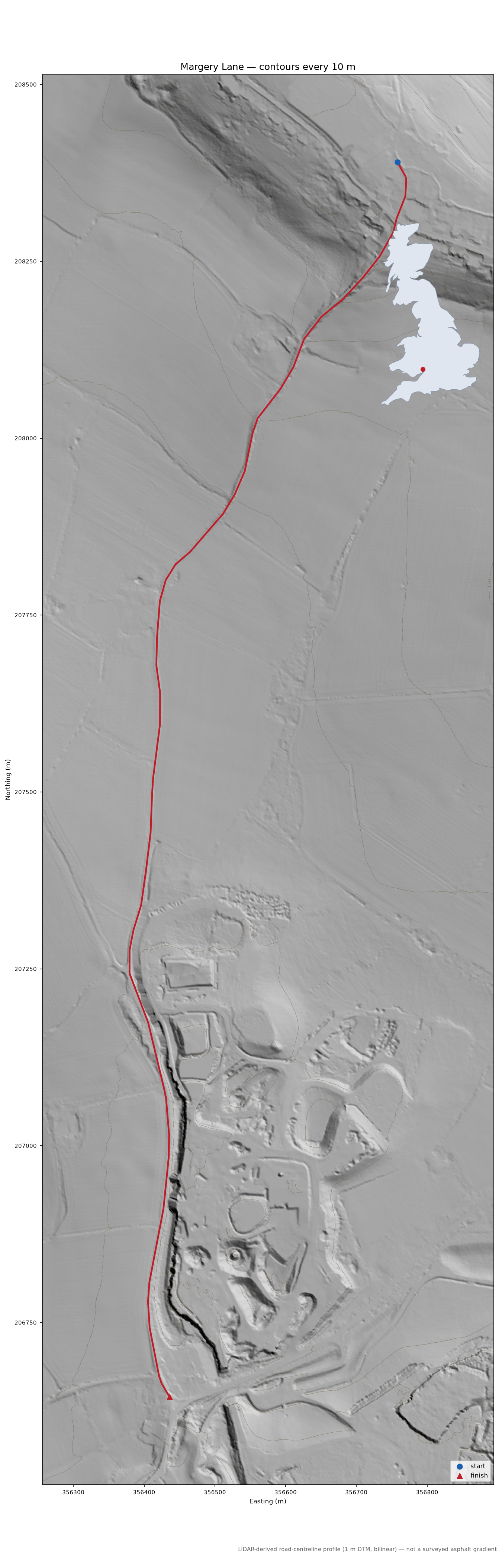 Margery Lane LiDAR hillshade map with contours