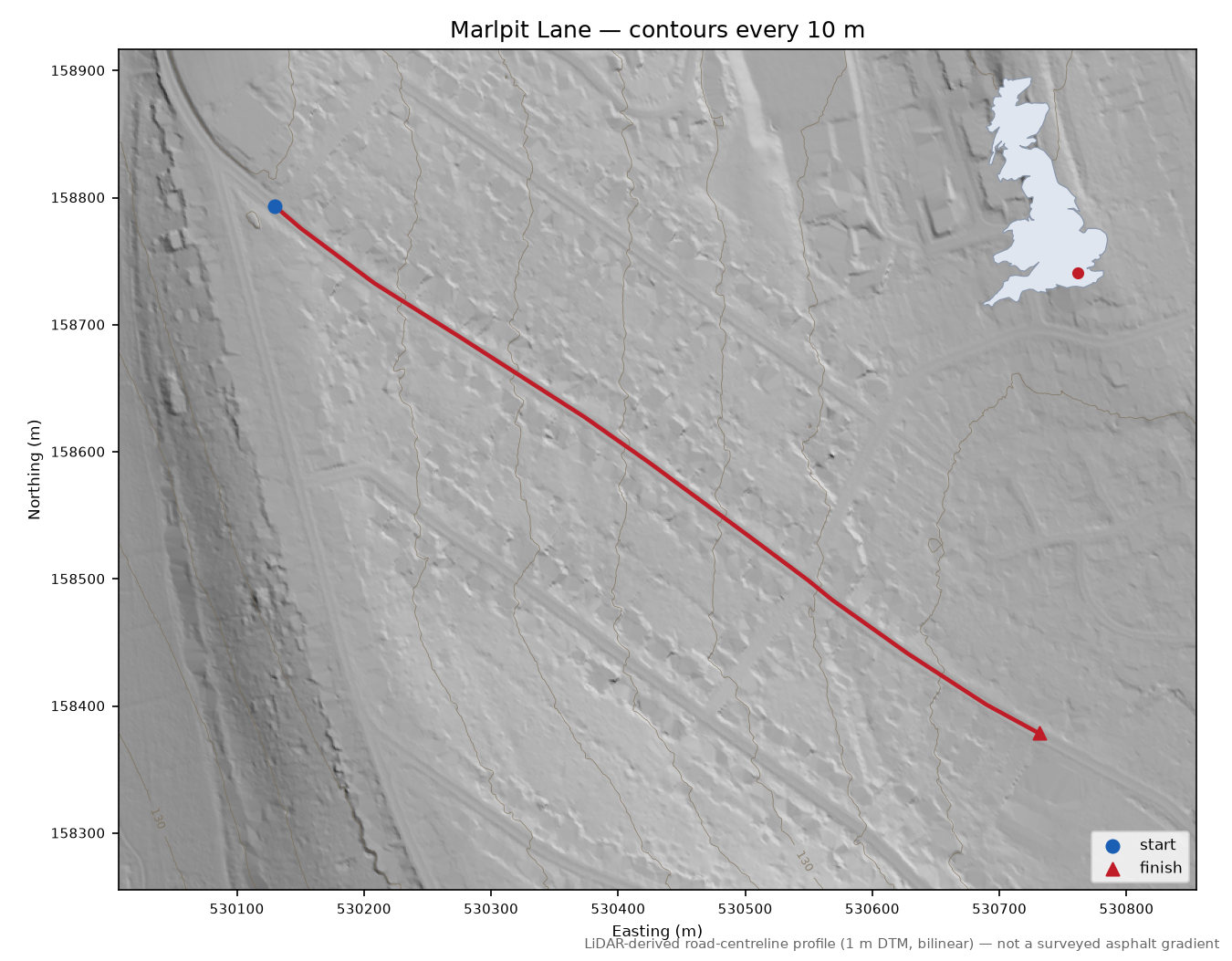 Marlpit Lane LiDAR hillshade map with contours
