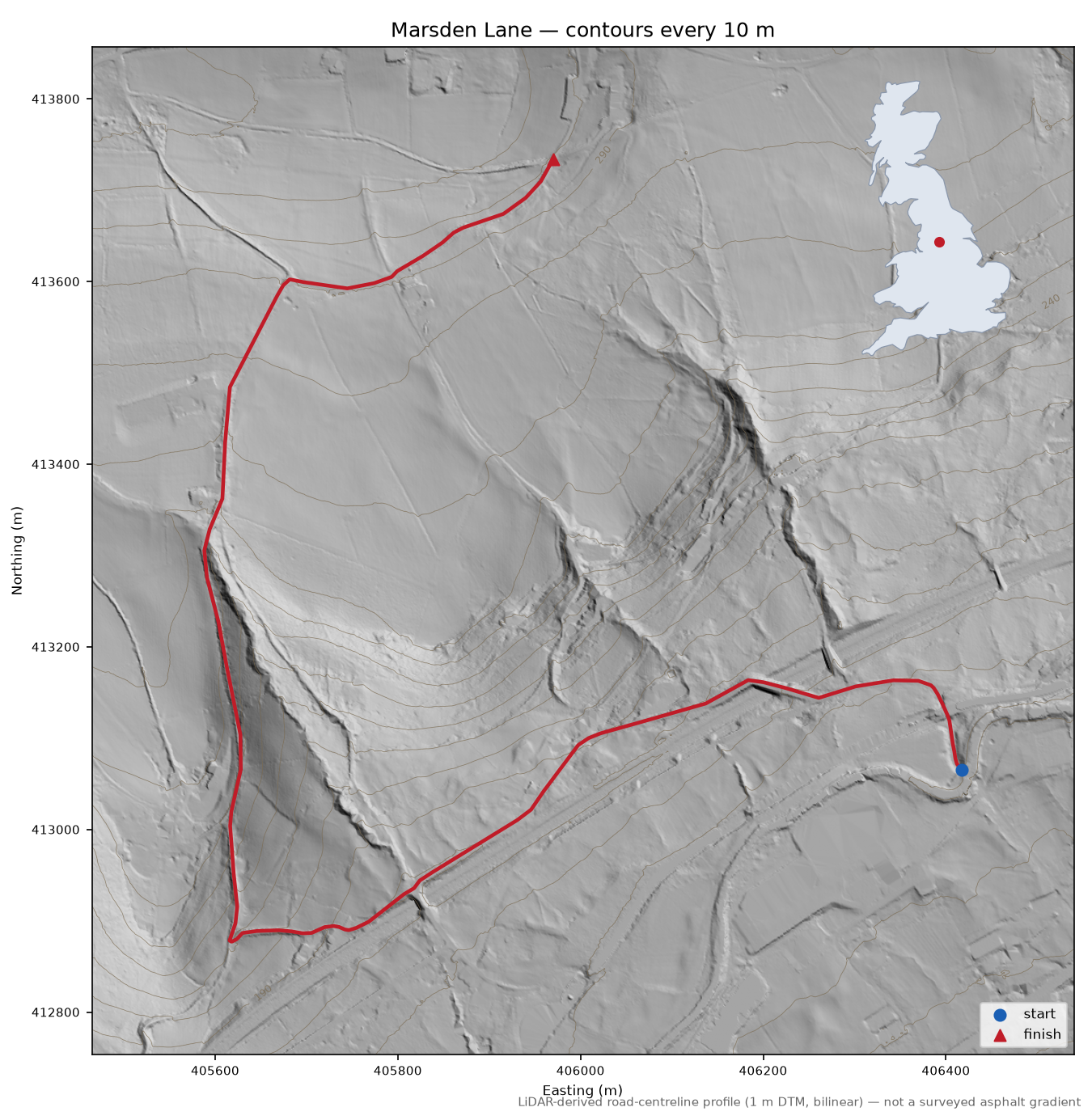 Marsden Lane LiDAR hillshade map with contours