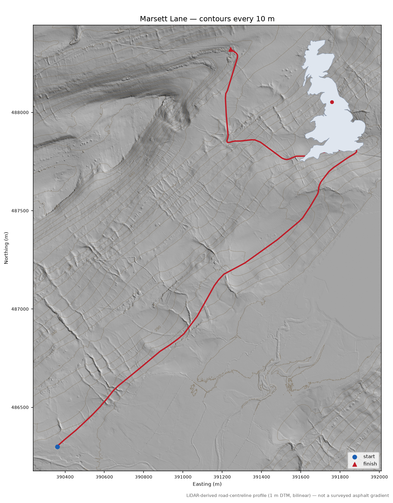 Marsett Lane LiDAR hillshade map with contours