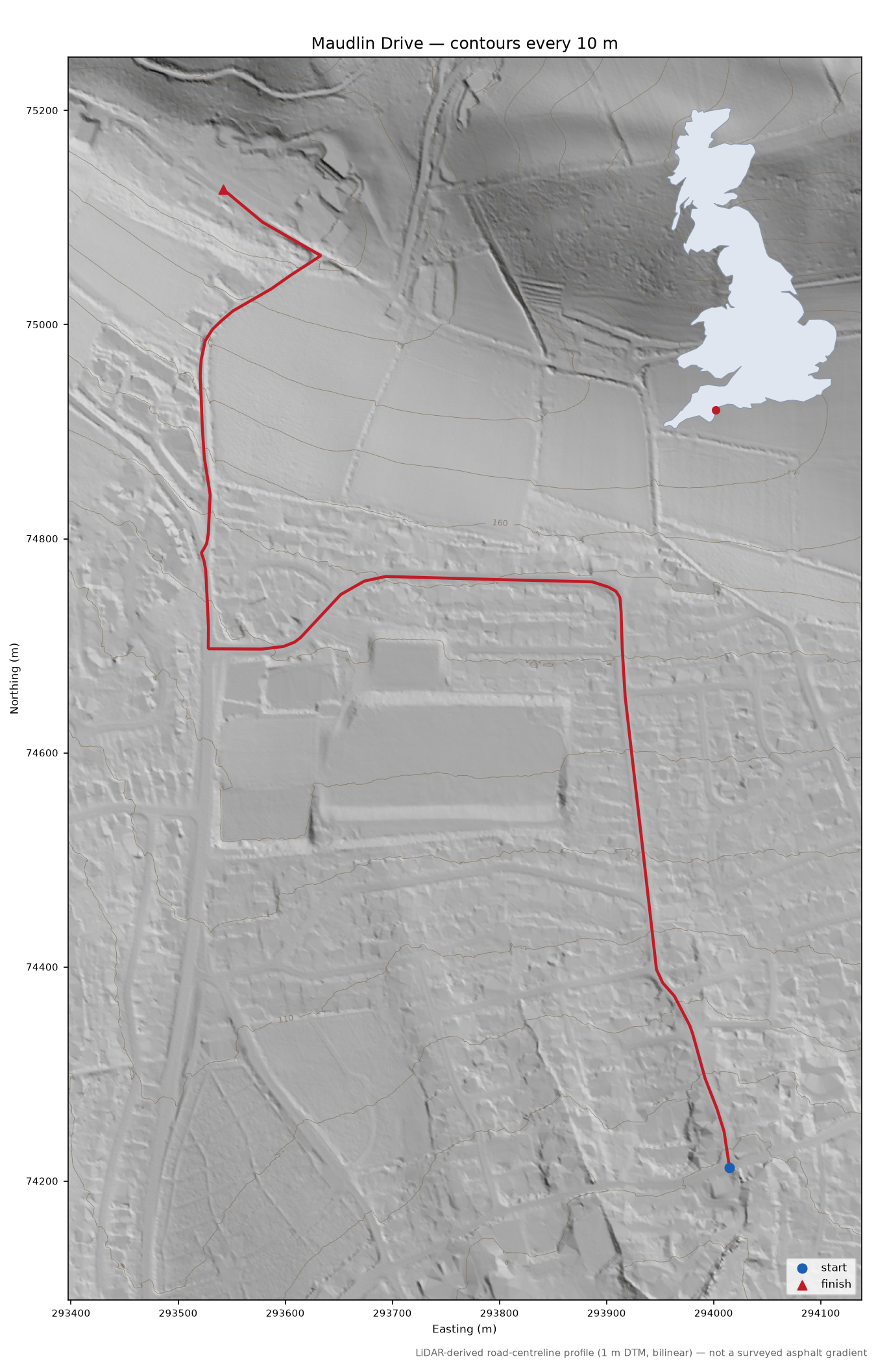 Maudlin Drive LiDAR hillshade map with contours