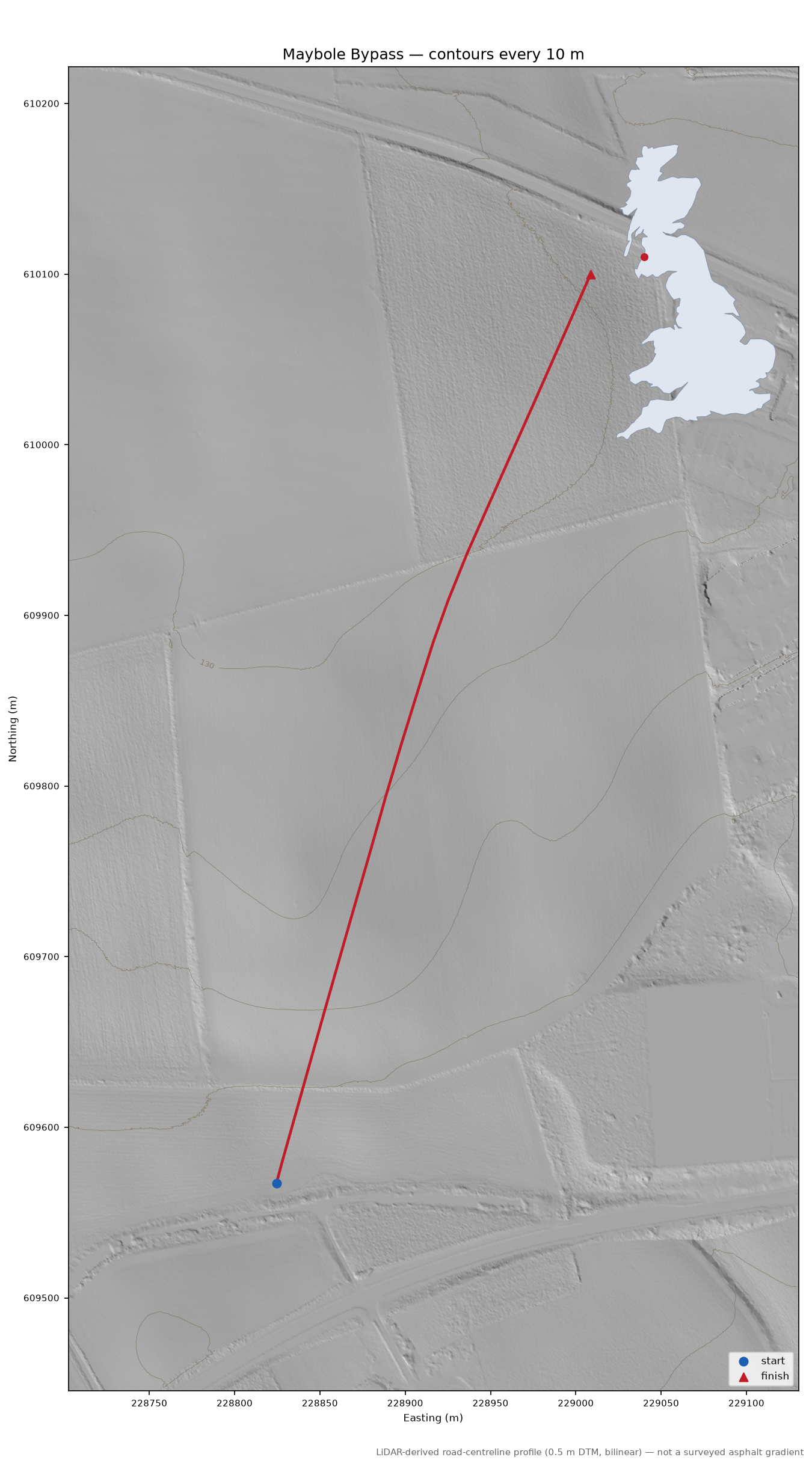 Maybole Bypass LiDAR hillshade map with contours