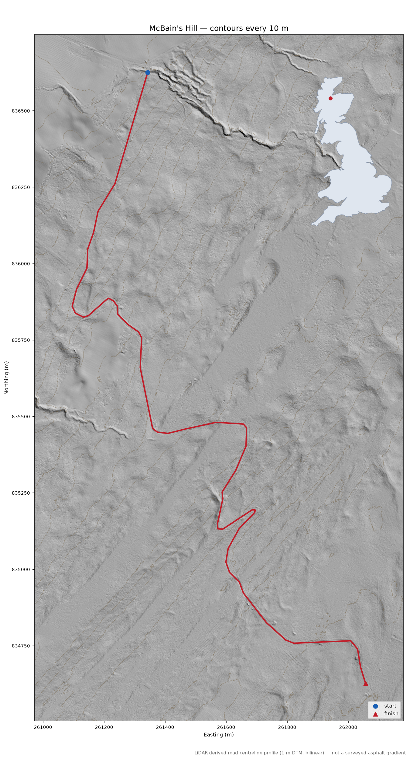 McBain's Hill LiDAR hillshade map with contours