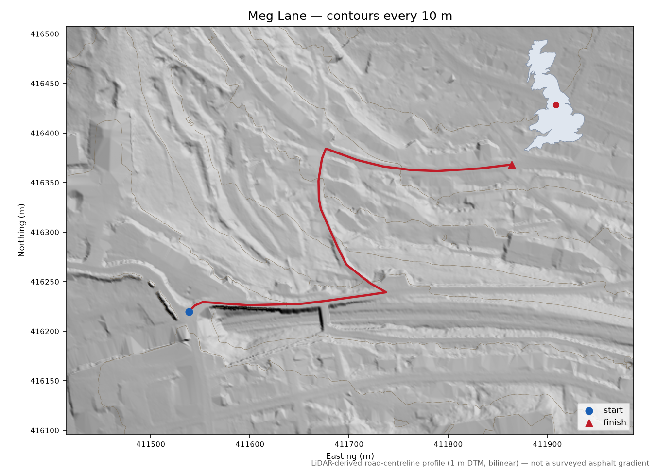 Meg Lane LiDAR hillshade map with contours