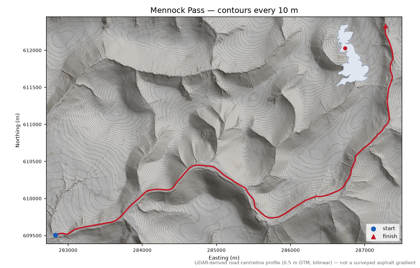 Mennock Pass LiDAR hillshade map with contours