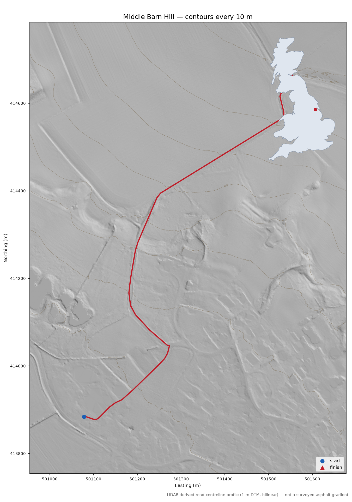 Middle Barn Hill LiDAR hillshade map with contours