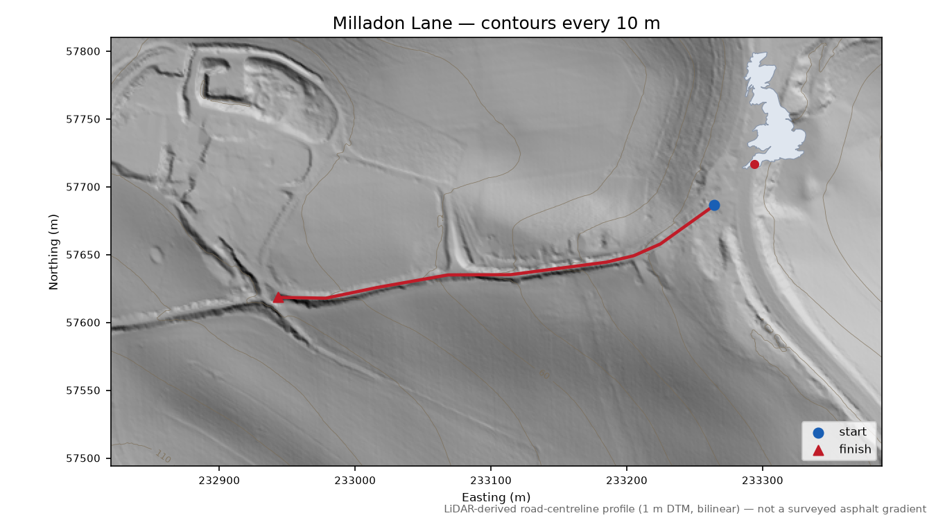 Milladon Lane LiDAR hillshade map with contours