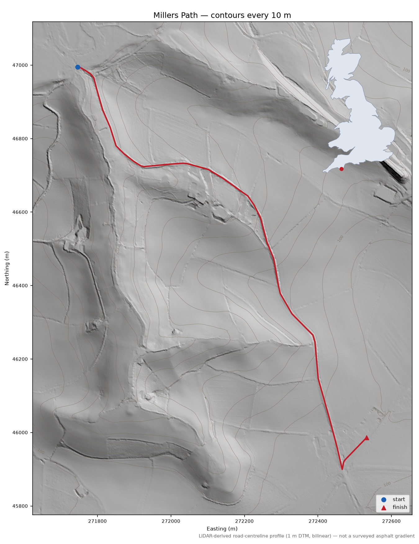 Millers Path LiDAR hillshade map with contours