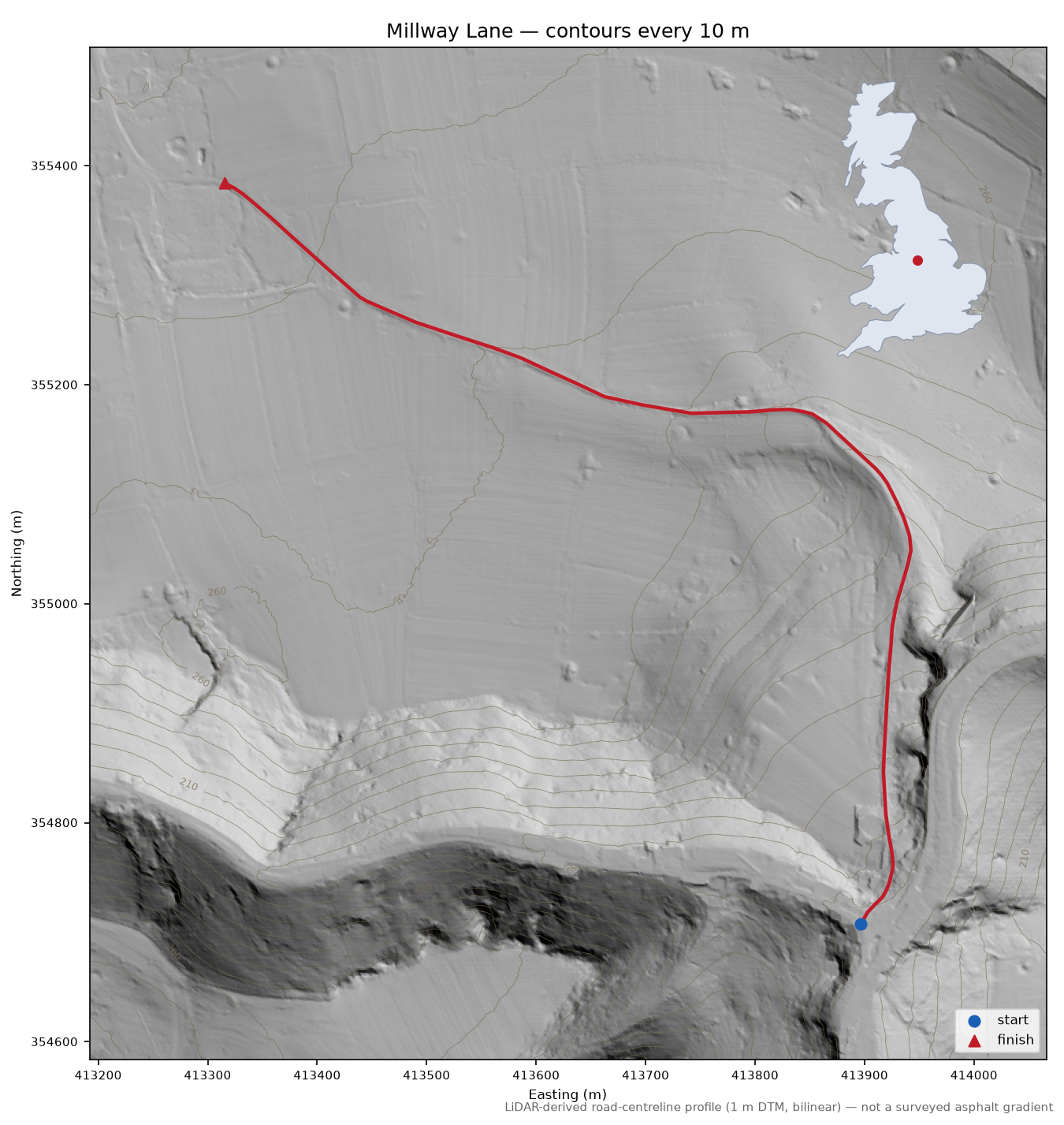 Millway Lane LiDAR hillshade map with contours