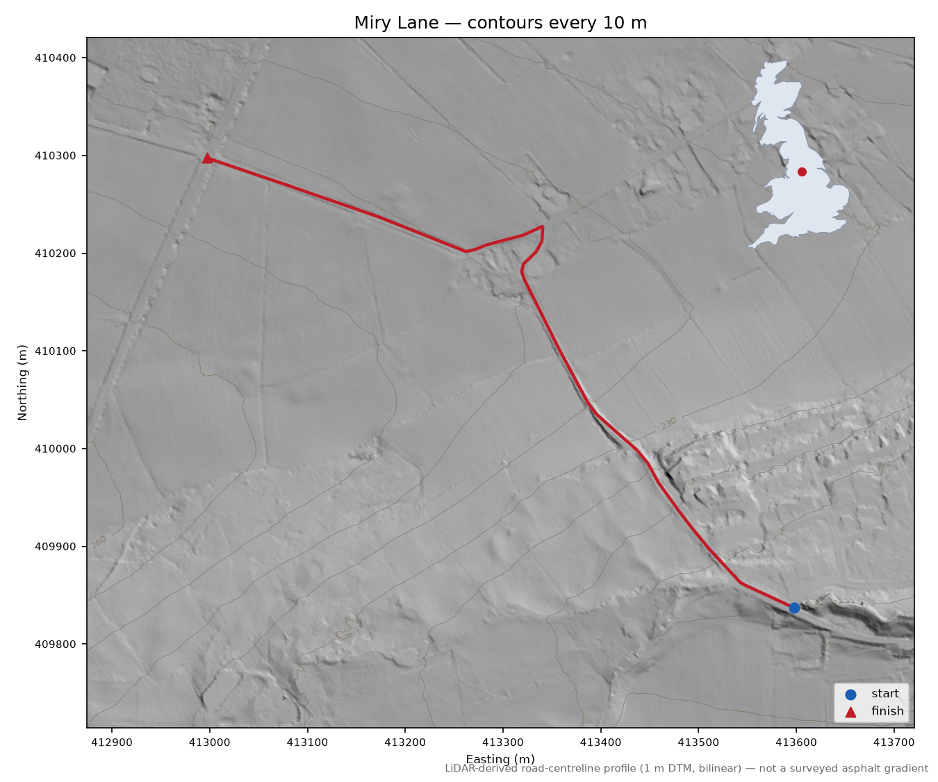 Miry Lane LiDAR hillshade map with contours