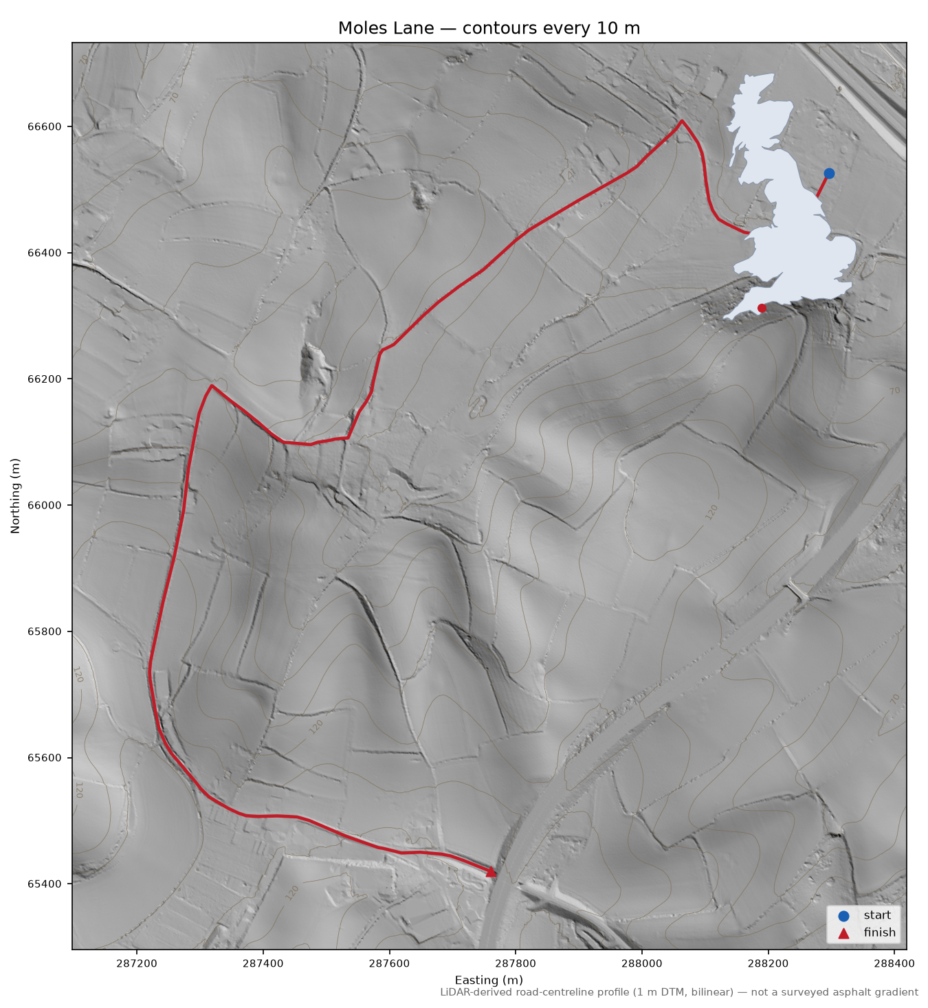 Moles Lane LiDAR hillshade map with contours
