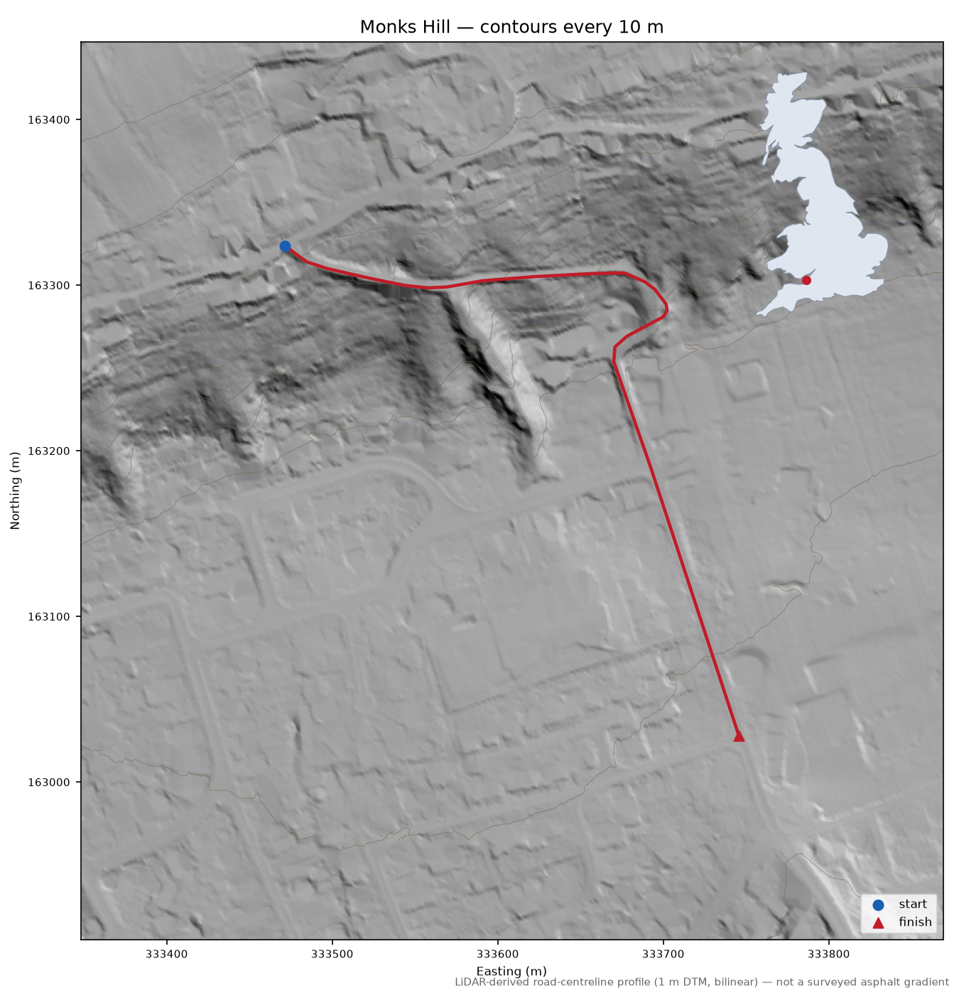 Monks Hill LiDAR hillshade map with contours