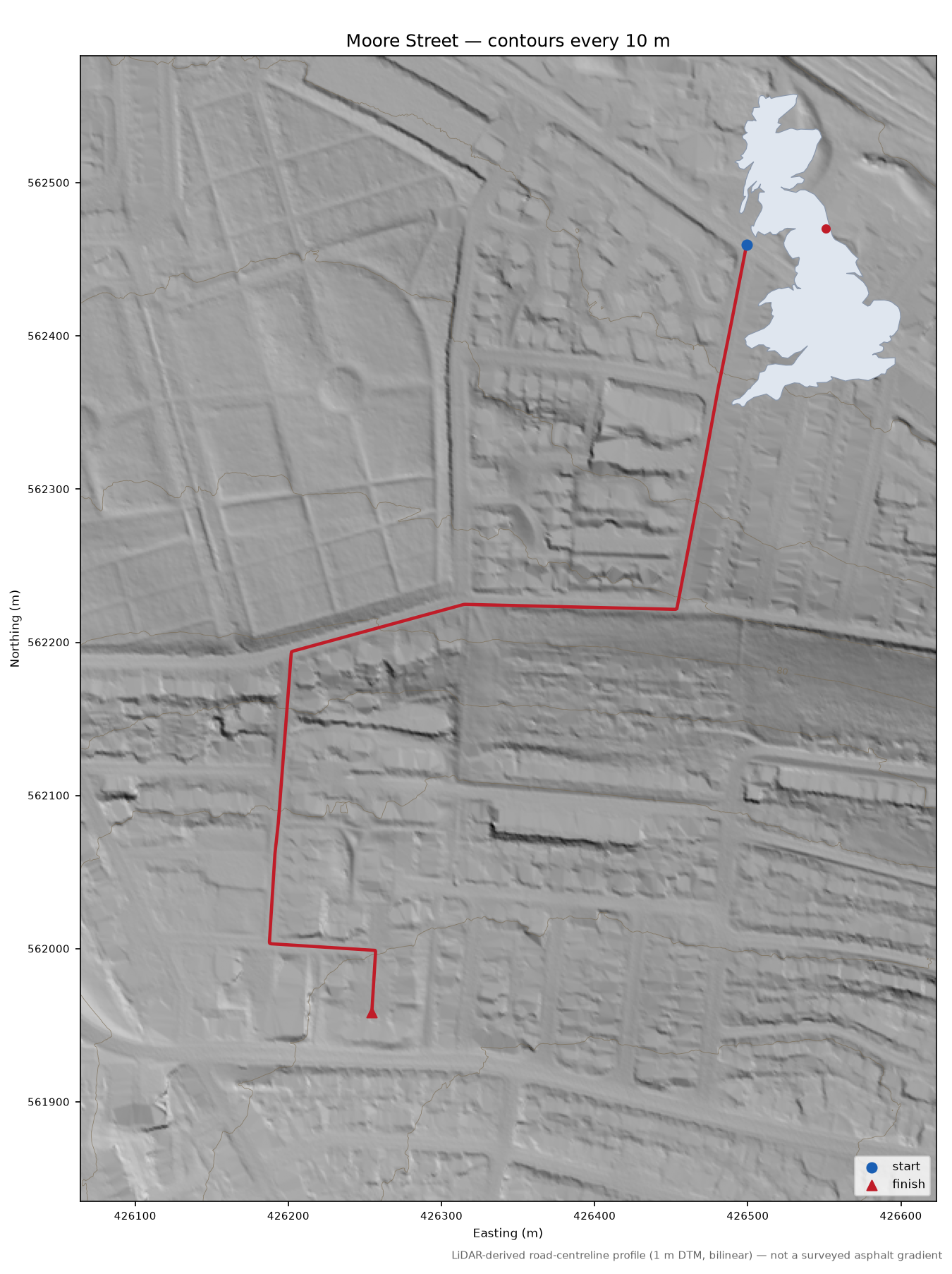 Moore Street LiDAR hillshade map with contours
