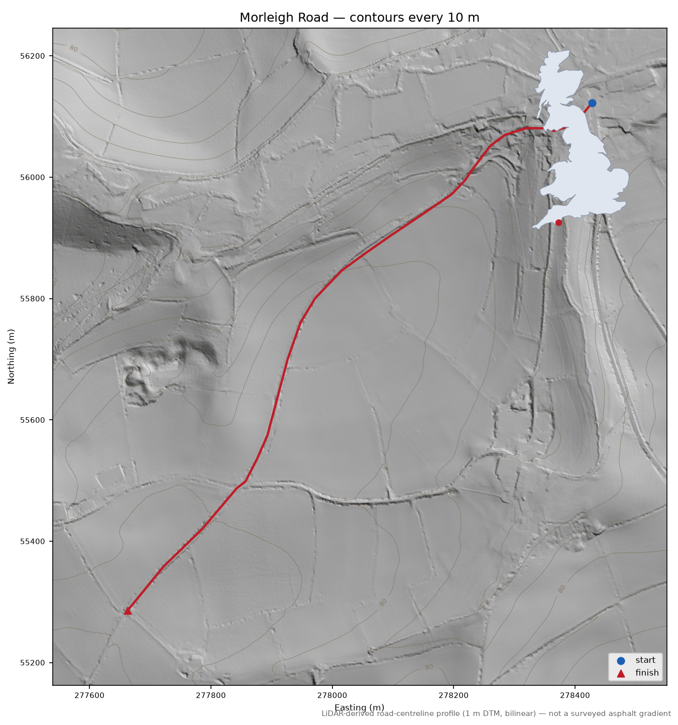 Morleigh Road LiDAR hillshade map with contours