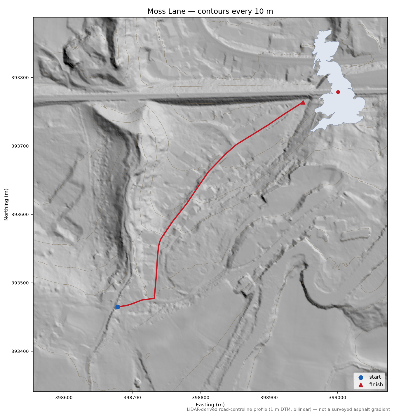 Moss Lane LiDAR hillshade map with contours