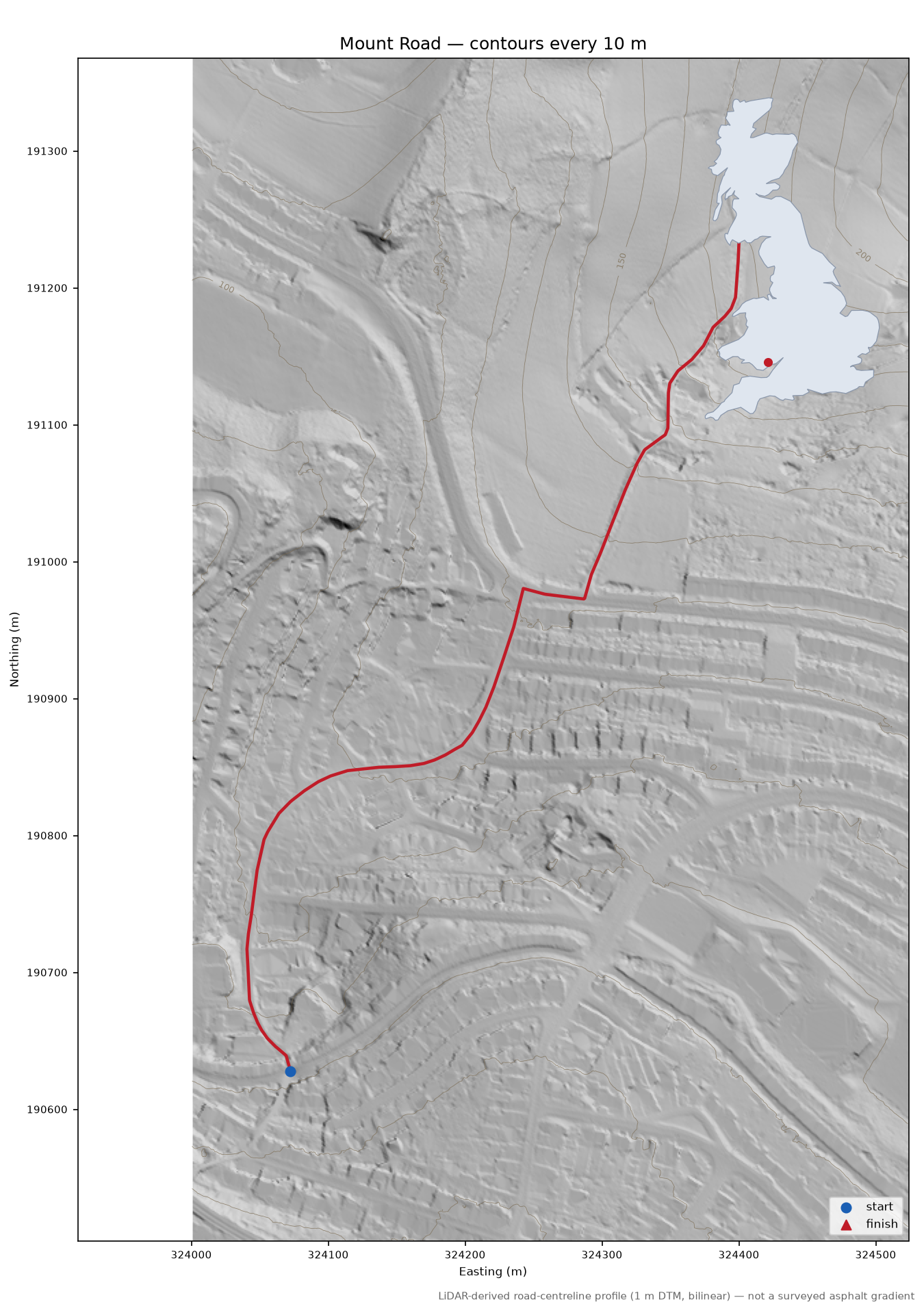 Mount Road LiDAR hillshade map with contours